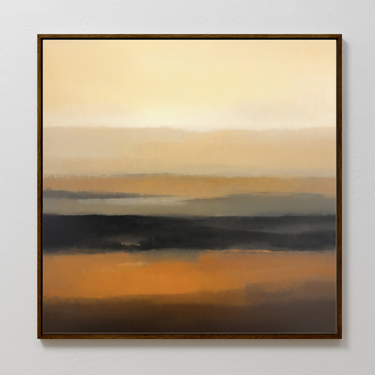 Desert Mirage Canvas Art - Square features abstract horizontal layers of beige, ochre, orange, and dark brown for a soft, blurred landscape inspired by Nordic Park. Framed and showcased on a light-colored wall.