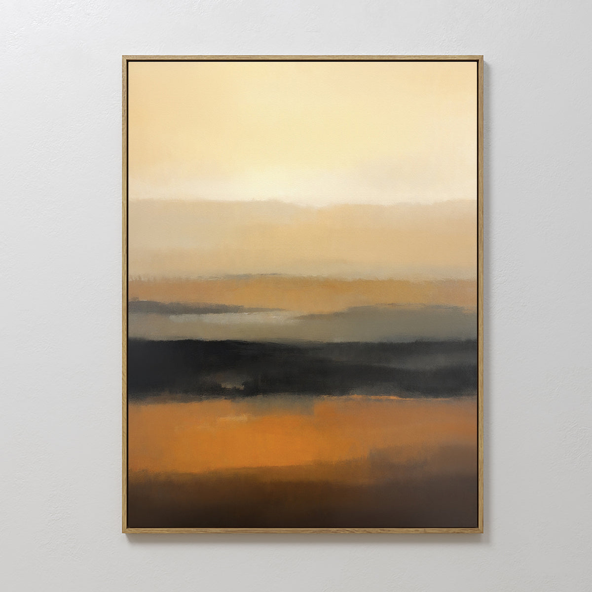 The Desert Mirage Canvas Art - Vertical features softly blended vertical layers of warm earth tones—beige, yellow, orange, and dark brown—on a light background, evoking the serene beauty of desert landscapes.