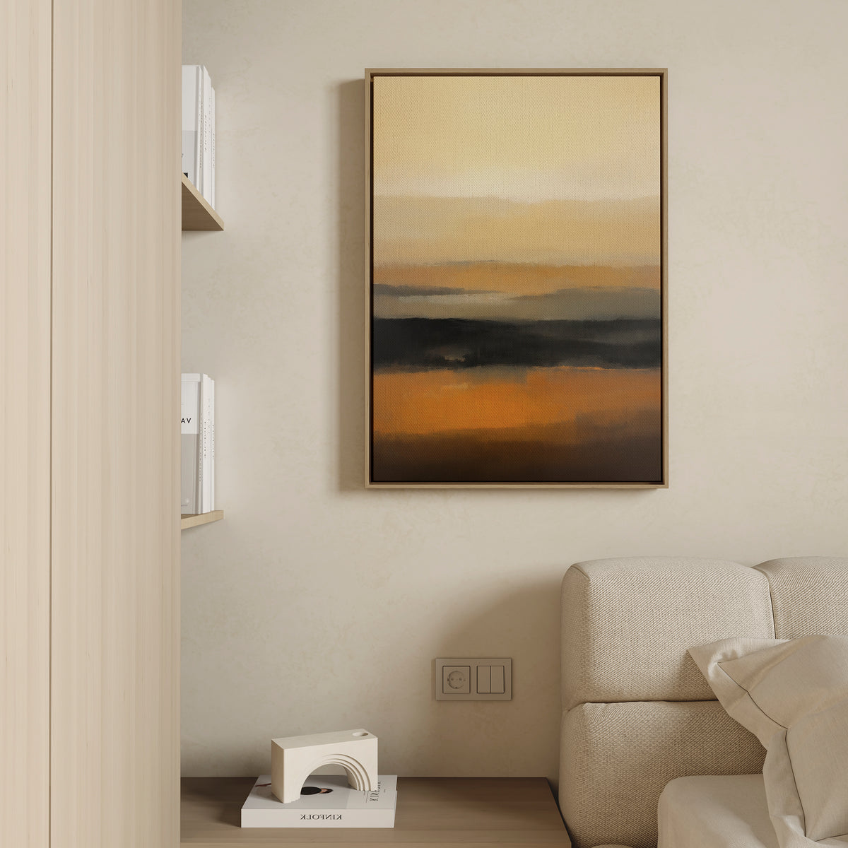 A minimalist living space with a beige sofa, white books on shelves, modern geometric decor, and the Desert Mirage Canvas Art - Vertical featuring abstract warm earth tones of yellow, orange, and black on a light wall.