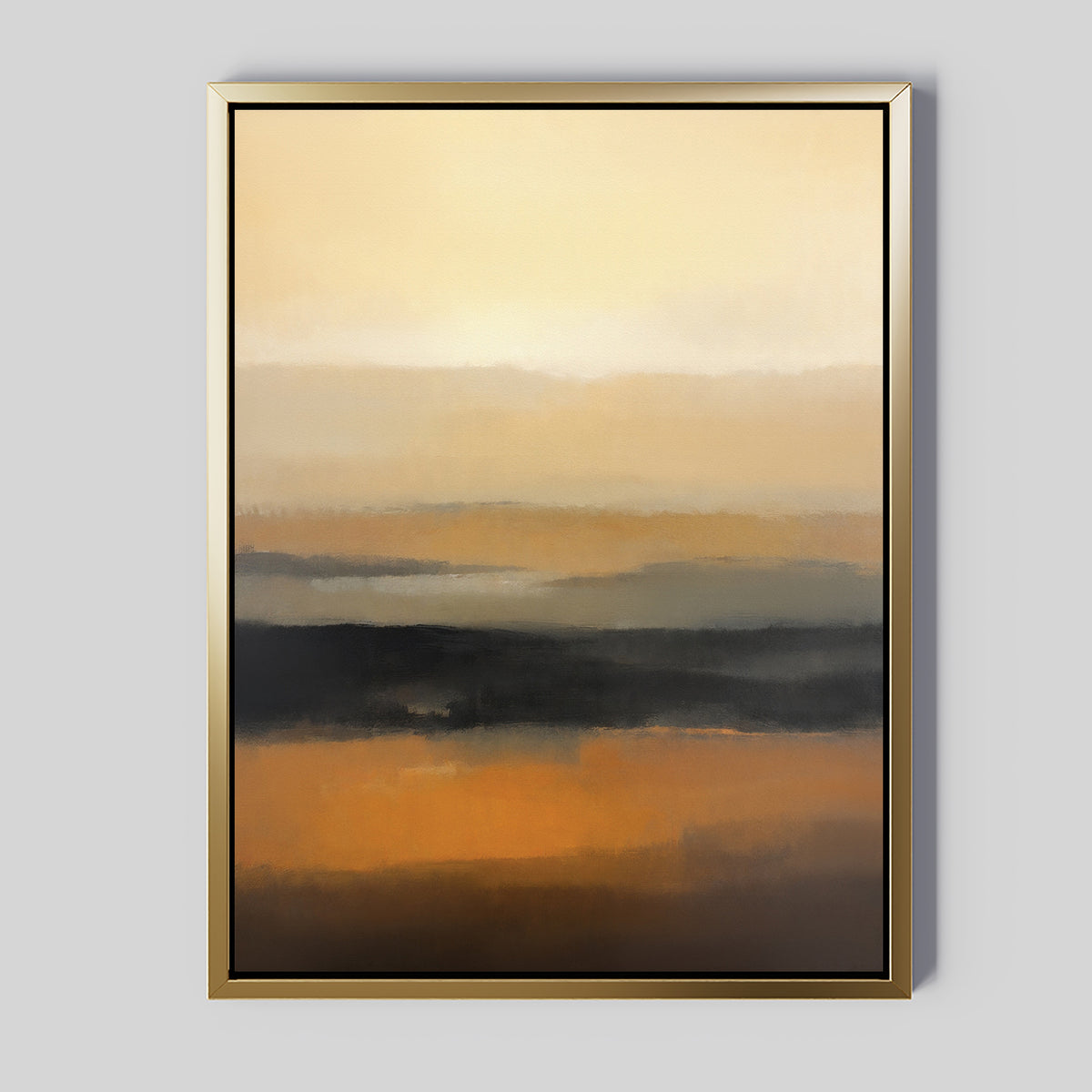 Desert Mirage Canvas Art - Vertical features soft, horizontal layers in earth tones of beige, brown, orange, and dark gray for a tranquil desert effect. It comes framed in gold with a black inner edge.