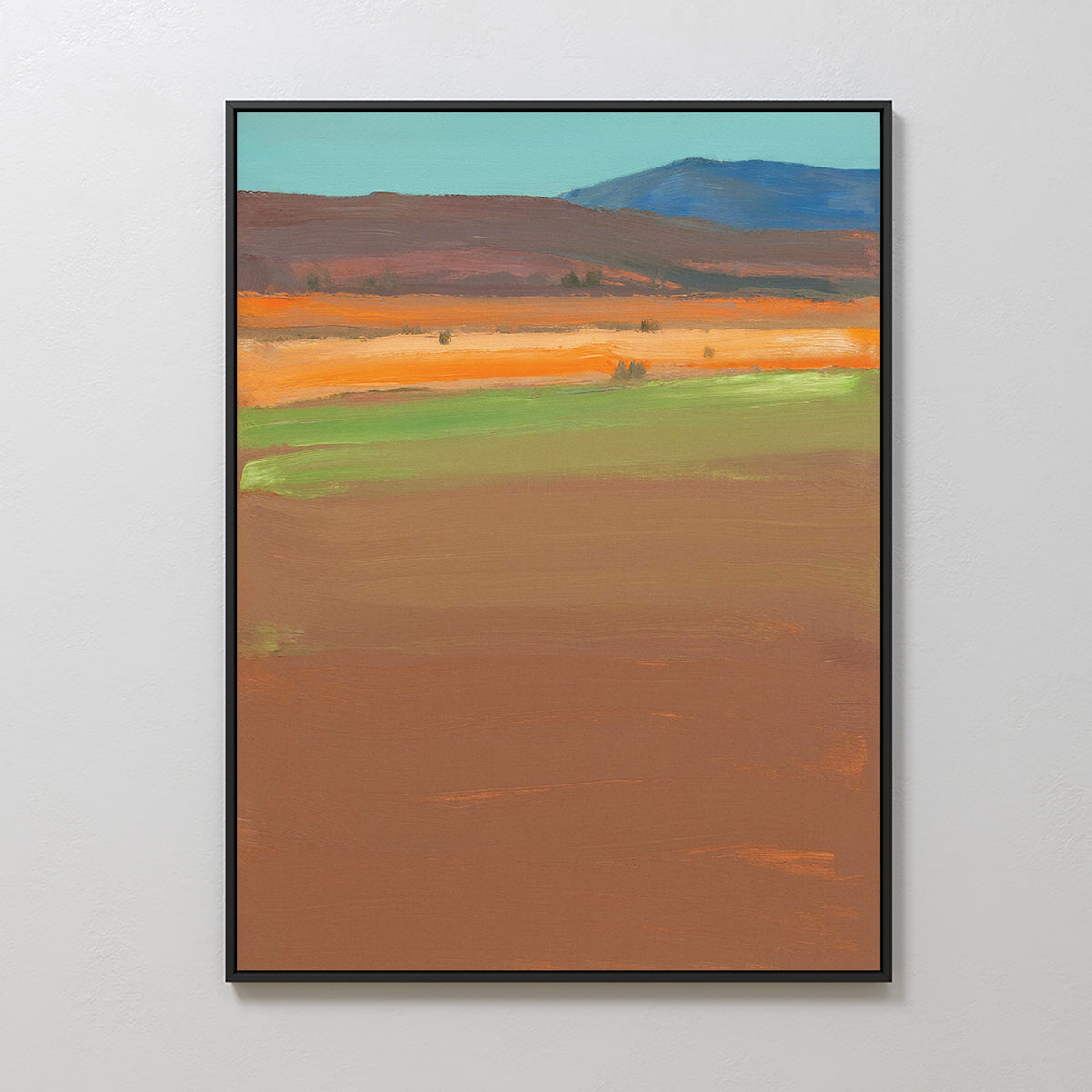 Desert Plains Canvas Art - Vertical features an abstract landscape with brown, green, and orange bands, blue sky, and black frame—ideal southwestern wall art for a modern living room.
