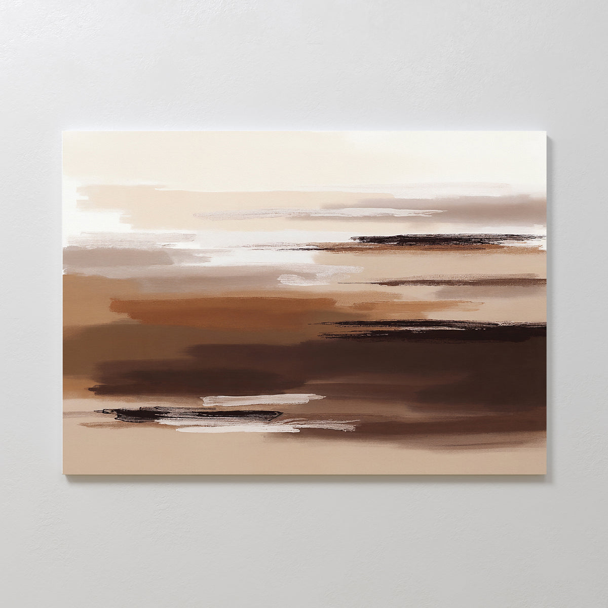Desert Winds Canvas Art - Horizontal features layered horizontal brushstrokes in brown, beige, cream, and white earth tones on a rectangular canvas, adding texture and depth to any light-colored wall.