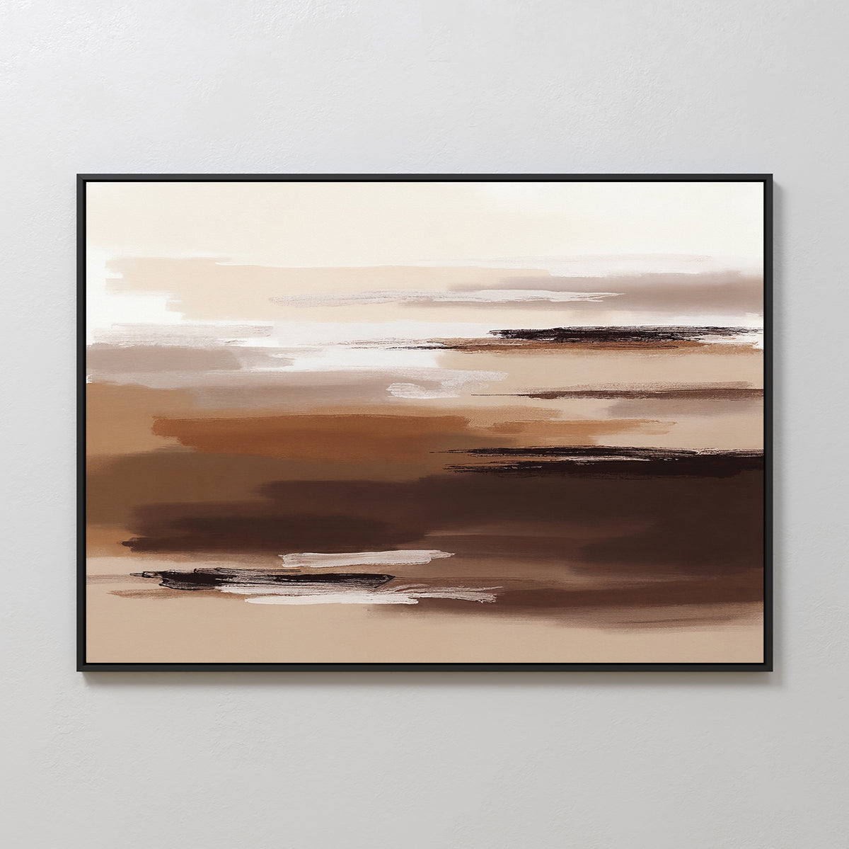 The Desert Winds Canvas Art - Horizontal features abstract earth tones with layered brushstrokes in brown, beige, cream, and white. Inspired by Nordic Park, this framed piece looks stunning on a light-colored wall.
