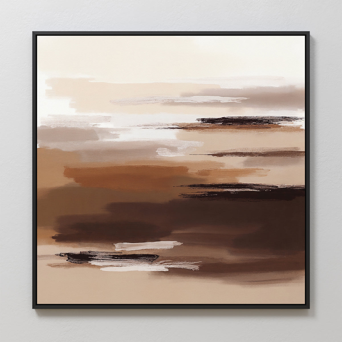 The Desert Winds Canvas Art - Square features abstract horizontal brushstrokes in brown, beige, white, and black tones for a layered earth-inspired look. This framed print is shown on a white wall.