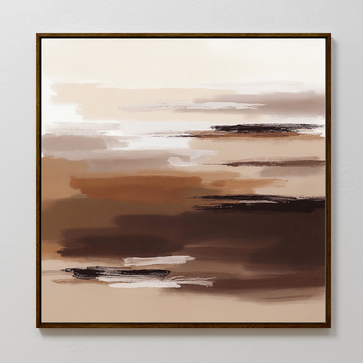 Desert Winds Canvas Art - Square features broad horizontal brushstrokes in beige, brown, cream, and black on a white background, creating earth-toned wall art with a layered landscape effect in a slim dark frame.