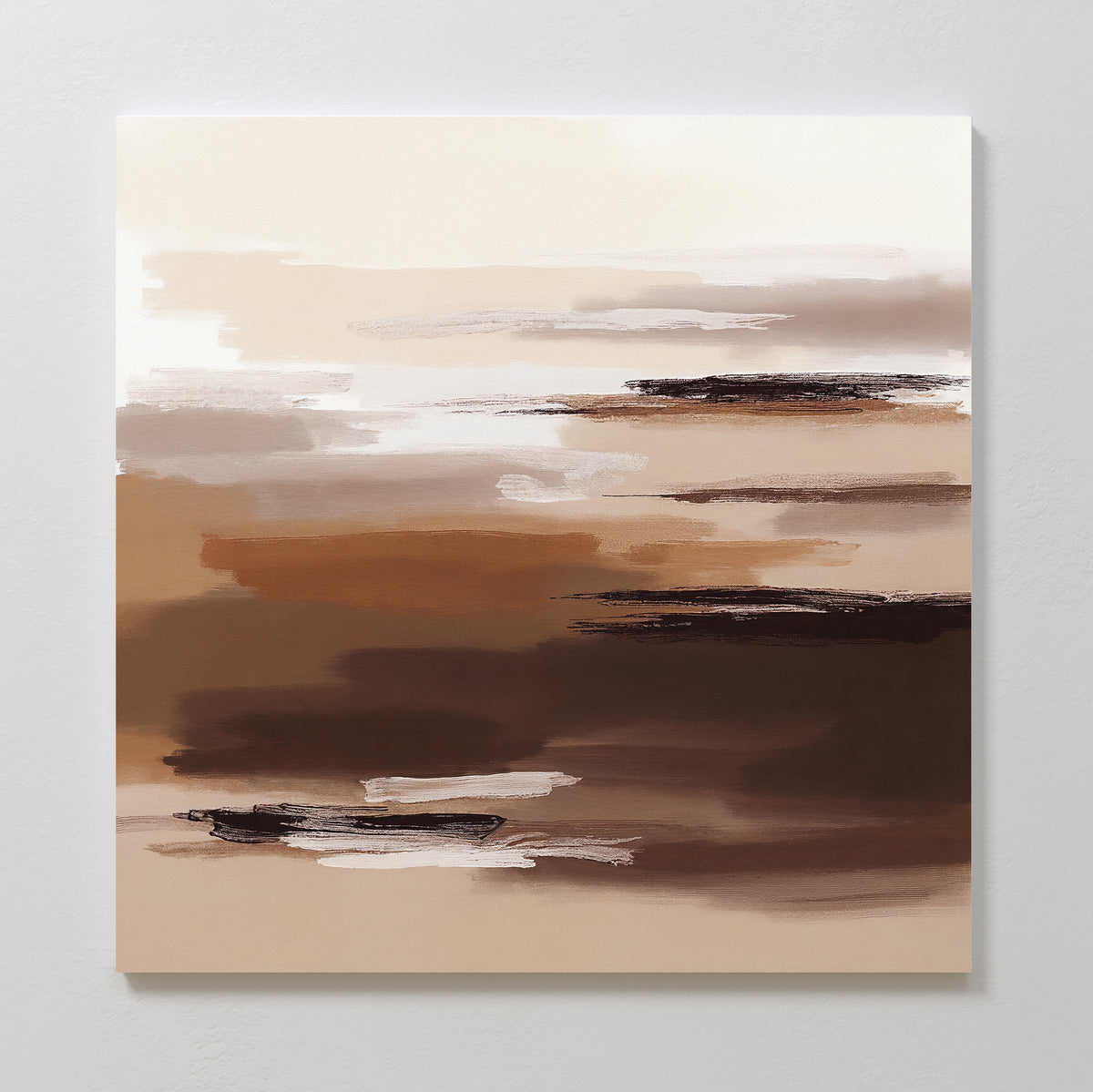 Desert Winds Canvas Art - Square features abstract horizontal brushstrokes in beige, brown, cream, and dark chocolate, creating a serene minimalist landscape on a white background.