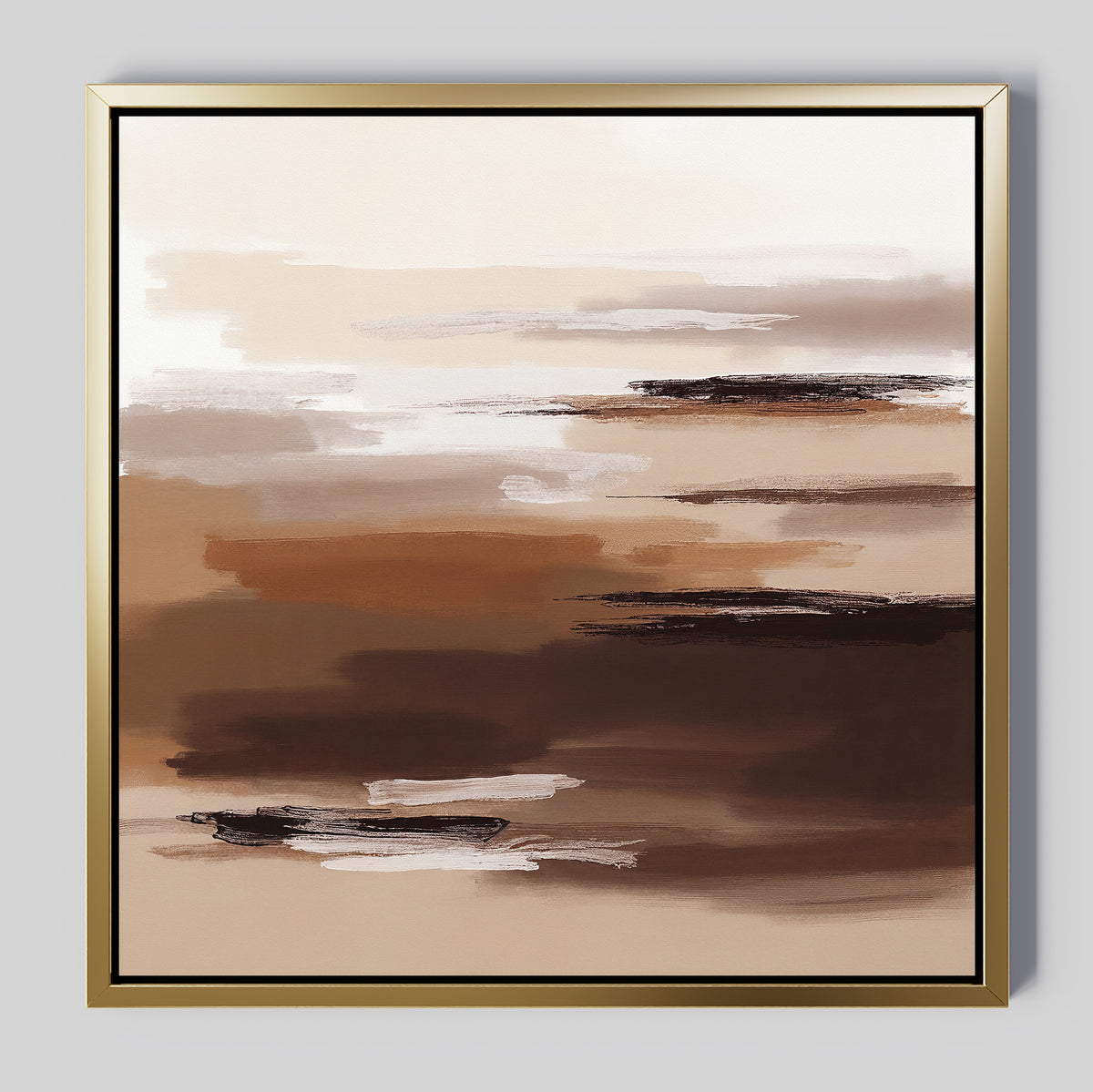 The Desert Winds Canvas Art - Square showcases broad, horizontal brushstrokes in brown, beige, and cream tones. Softly layered for a refined Nordic Park feel, it’s finished with a slim gold frame for an elegant touch to your wall.