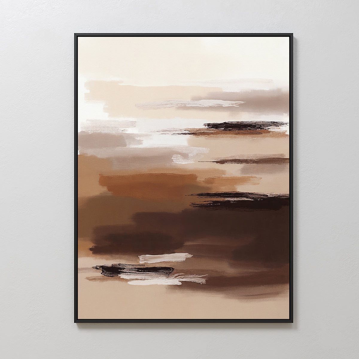 The Desert Winds Canvas Art - Vertical features abstract earth-toned brushstrokes in brown, beige, cream, and white. Inspired by Nordic Park, this framed artwork adds a calm touch when displayed on a plain white wall.
