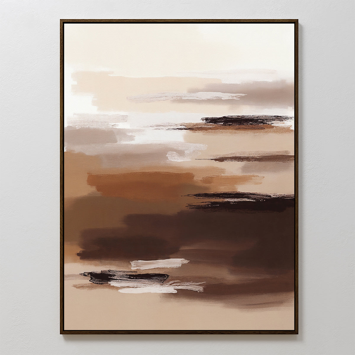 Desert Winds Canvas Art - Vertical features abstract, softly blended earth-tone brushstrokes in brown, beige, cream, and white. Reminiscent of a tranquil Nordic Park scene, it comes framed and mounted on a white wall.