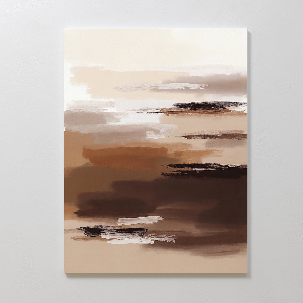 Desert Winds Canvas Art - Vertical features soft, blended strokes in brown, beige, and white, creating a calm, earthy landscape. Its abstract design is perfect for adding a Nordic Park-inspired touch to light walls.