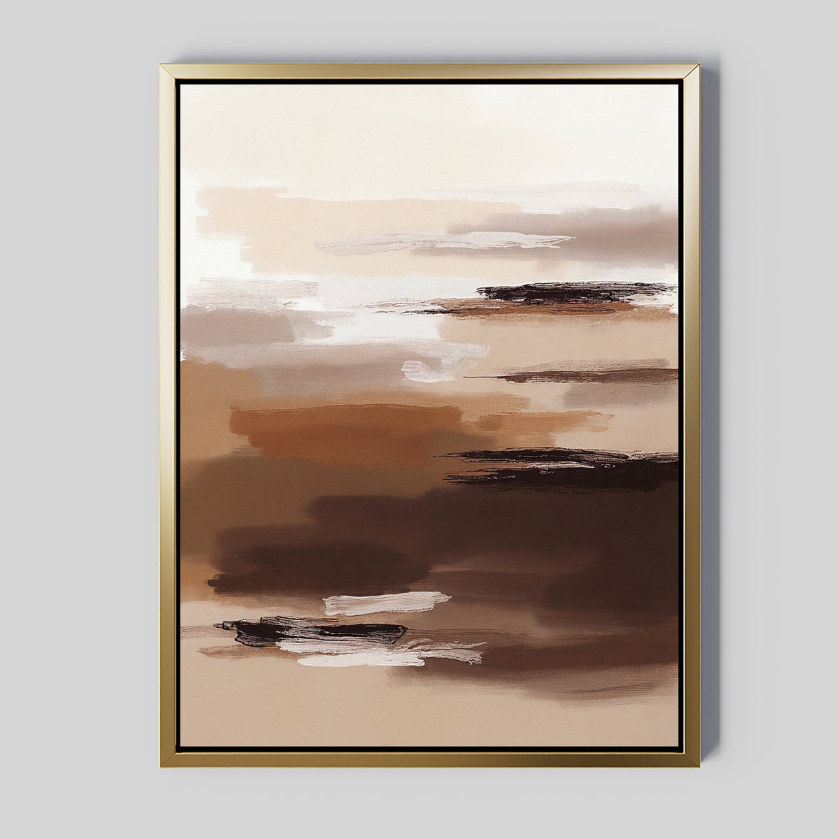 Desert Winds Canvas Art - Vertical displays earth-toned brushstrokes—brown, beige, cream, and white—framed in slim gold against a light gray backdrop for a refined Nordic Park aesthetic.
