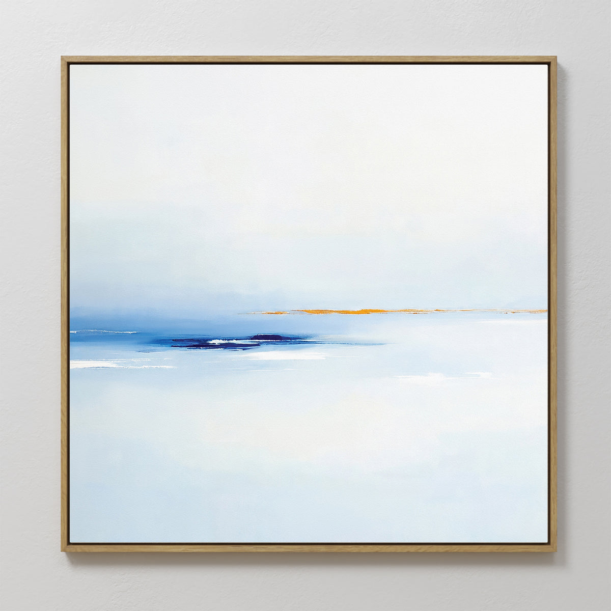Distant Archipelago Canvas Art - Square: Abstract painting in a gold frame, blending white, light blue, orange, and deep blue for a calm, minimalist seascape—ideal contemporary wall art with refined Nordic Park-inspired style.