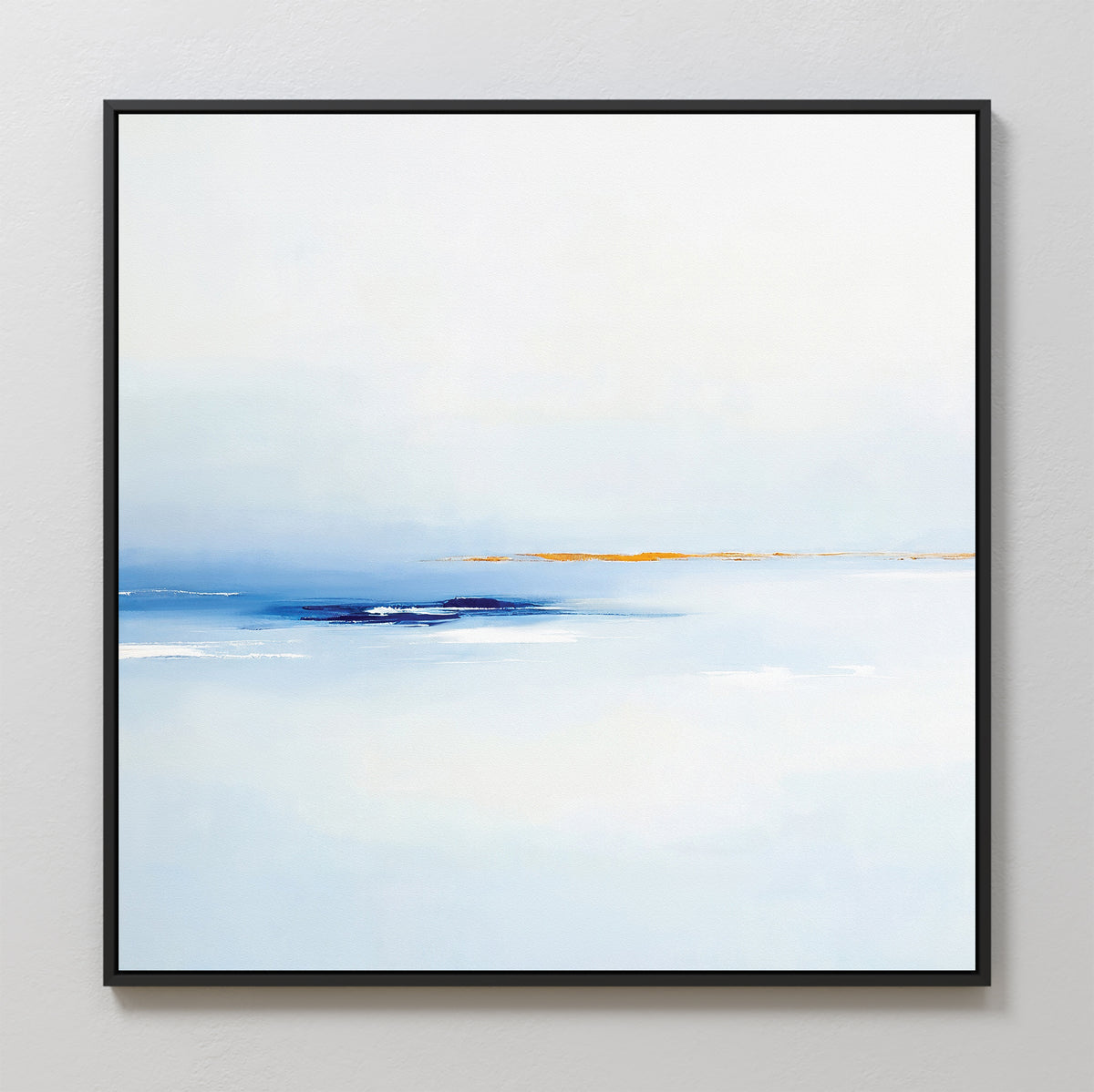 The Distant Archipelago Canvas Art - Square features minimalist blue and white tones with a thin warm orange line near the center, evoking a distant horizon, and is framed in a simple black border for a modern look.