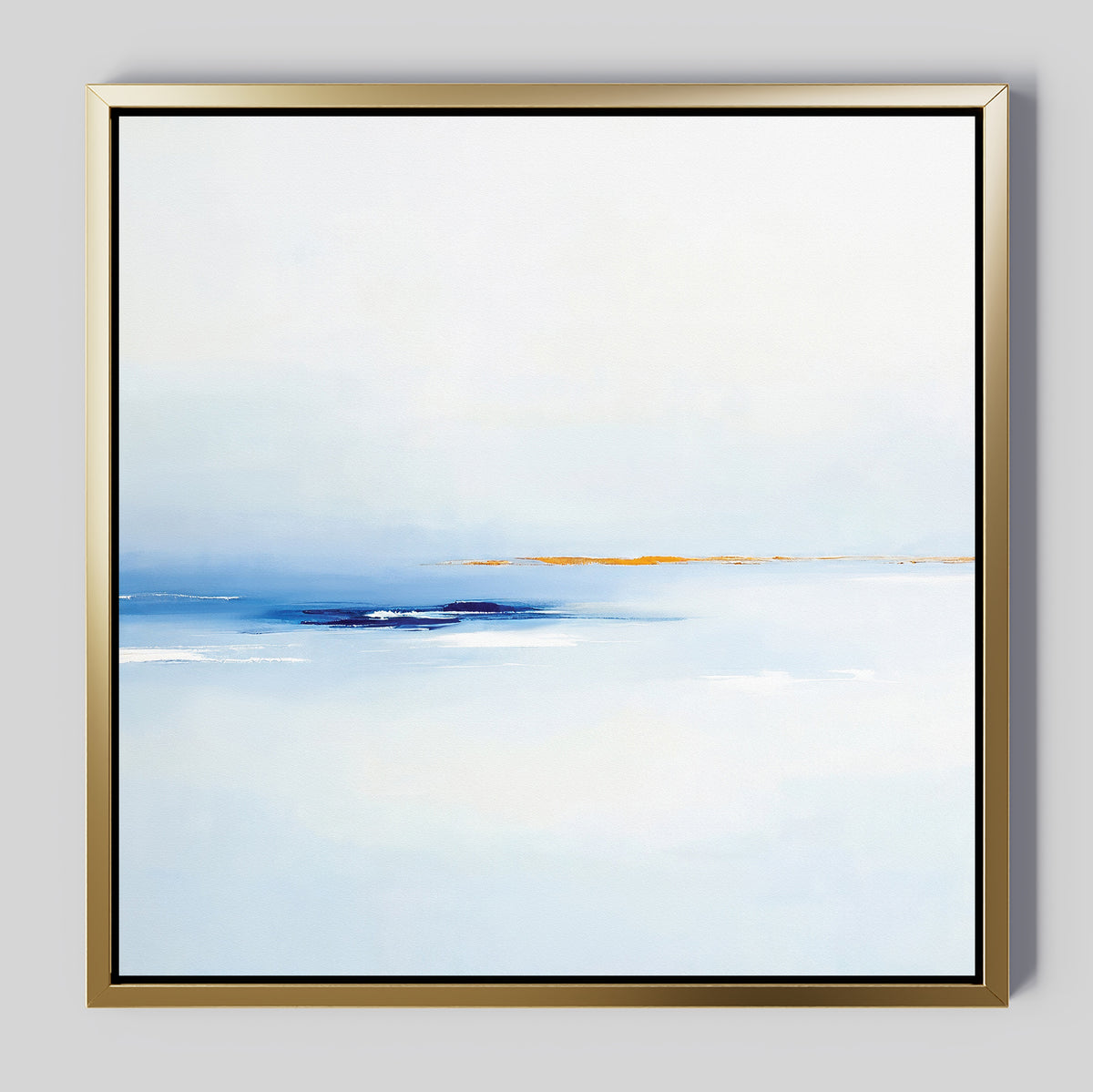 The Distant Archipelago Canvas Art - Square features soft white and pale blue gradients with faint gold and dark blue accents in a gold frame, evoking a serene seascape—perfect for a Nordic Park-inspired space.