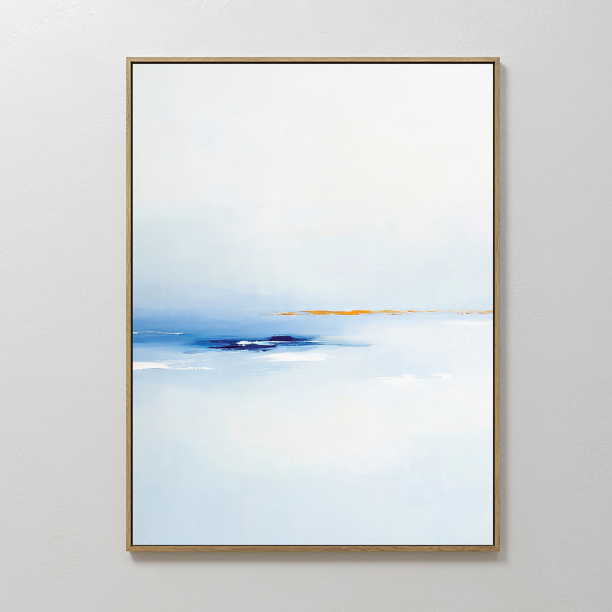 The Distant Archipelago Canvas Art - Vertical features soft white and light blue hues, bold blue brushstrokes, and a touch of yellow and ochre. Framed in gold, this contemporary piece adds Nordic Park-inspired elegance to any space.