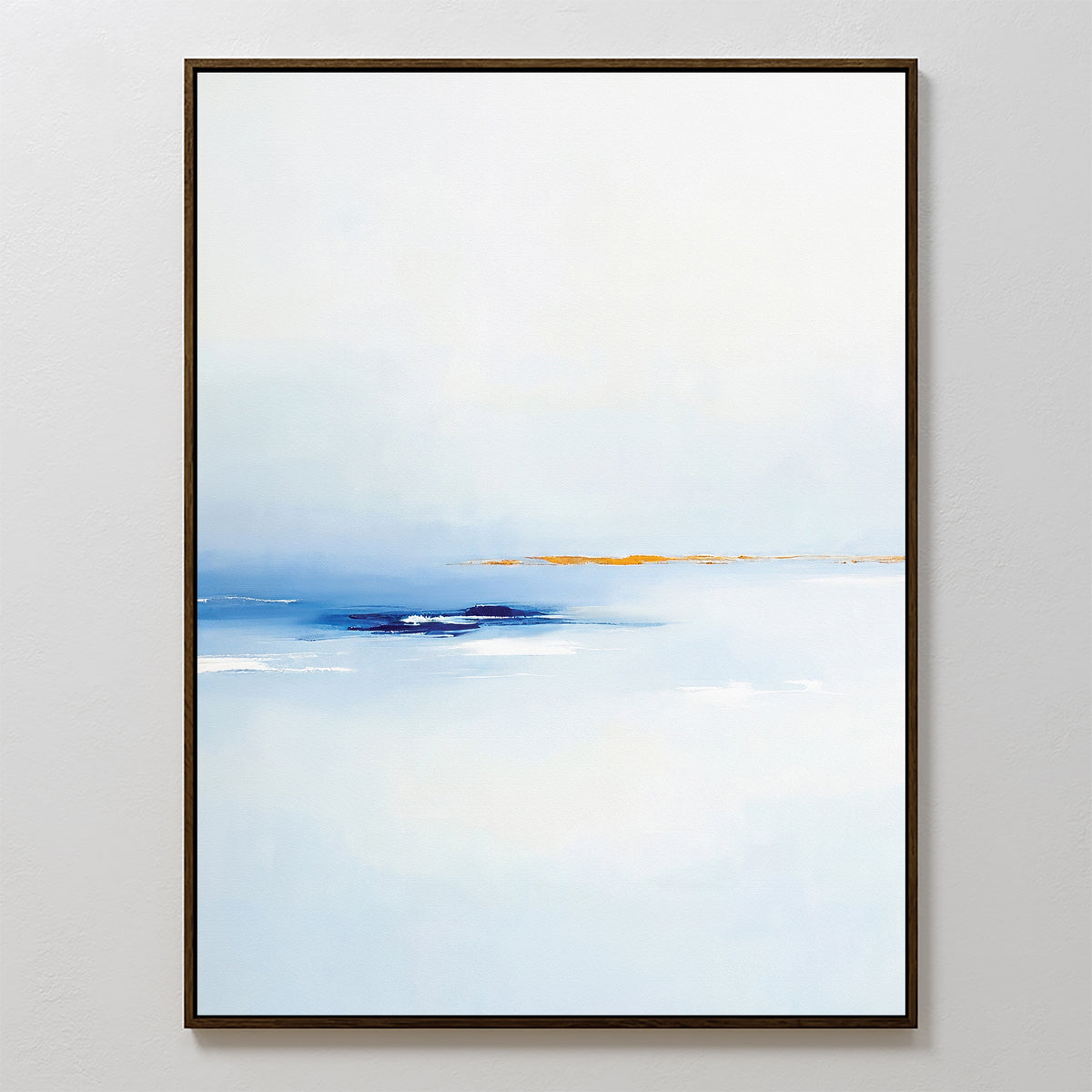 The Distant Archipelago Canvas Art - Vertical features a minimalist white and pale blue gradient, accented by dark blue patches and a thin golden orange line near the center, all framed in a simple dark border—ideal for contemporary wall art lovers.