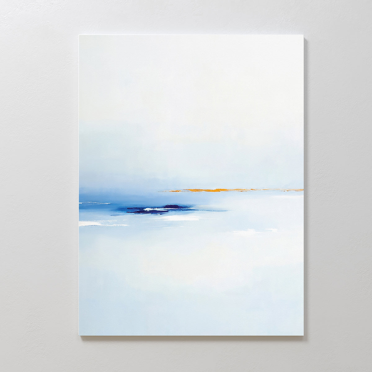 Distant Archipelago Canvas Art - Vertical features a minimalist white and light blue background with a soft blue horizontal area and a subtle orange line, evoking a tranquil seascape—ideal for contemporary wall art collections.