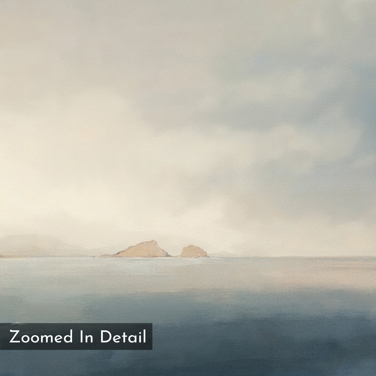 The Distant Isles Canvas Art - Horizontal features a serene seascape with distant rocky islands, a cloudy sky, and calm water reflecting soft pastel hues. "Zoomed In Detail" appears in the bottom left corner.