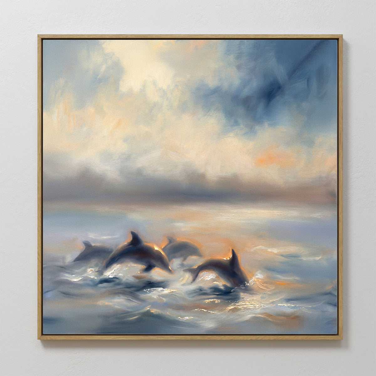 Dolphin Pod at Sunset Canvas Art - Square features four dolphins leaping in the ocean under a vivid sunset, with expressive brushstrokes and soft light creating a serene, dreamy scene—ideal for coastal wall art enthusiasts.