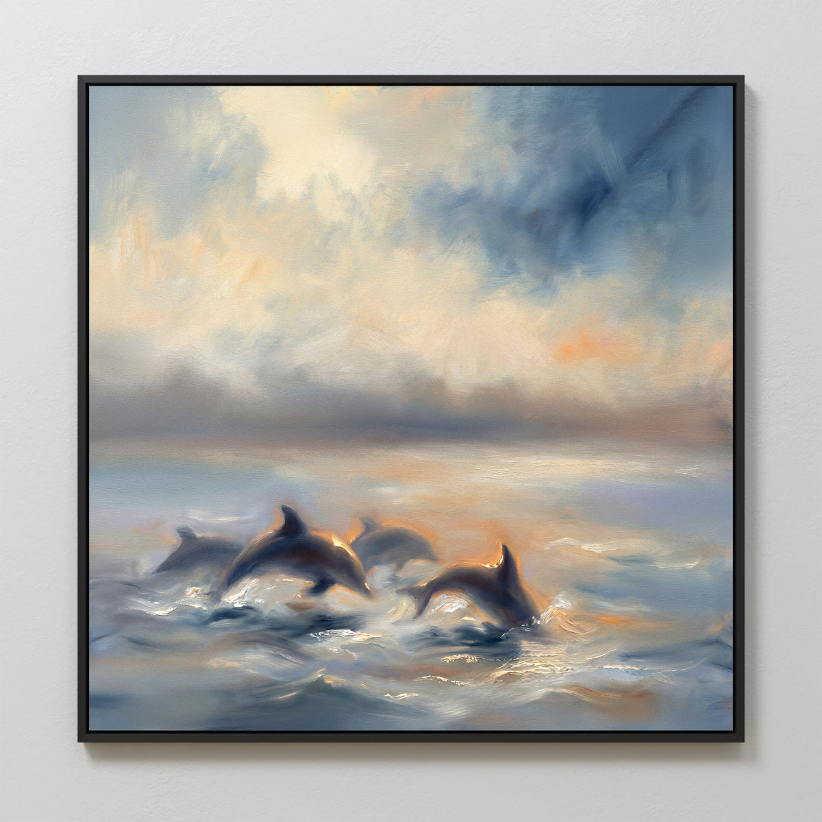 The Dolphin Pod at Sunset Canvas Art - Square features dolphins swimming in the ocean under dreamy lighting with pastel blue, orange, and white tones, creating a tranquil and vibrant coastal scene.