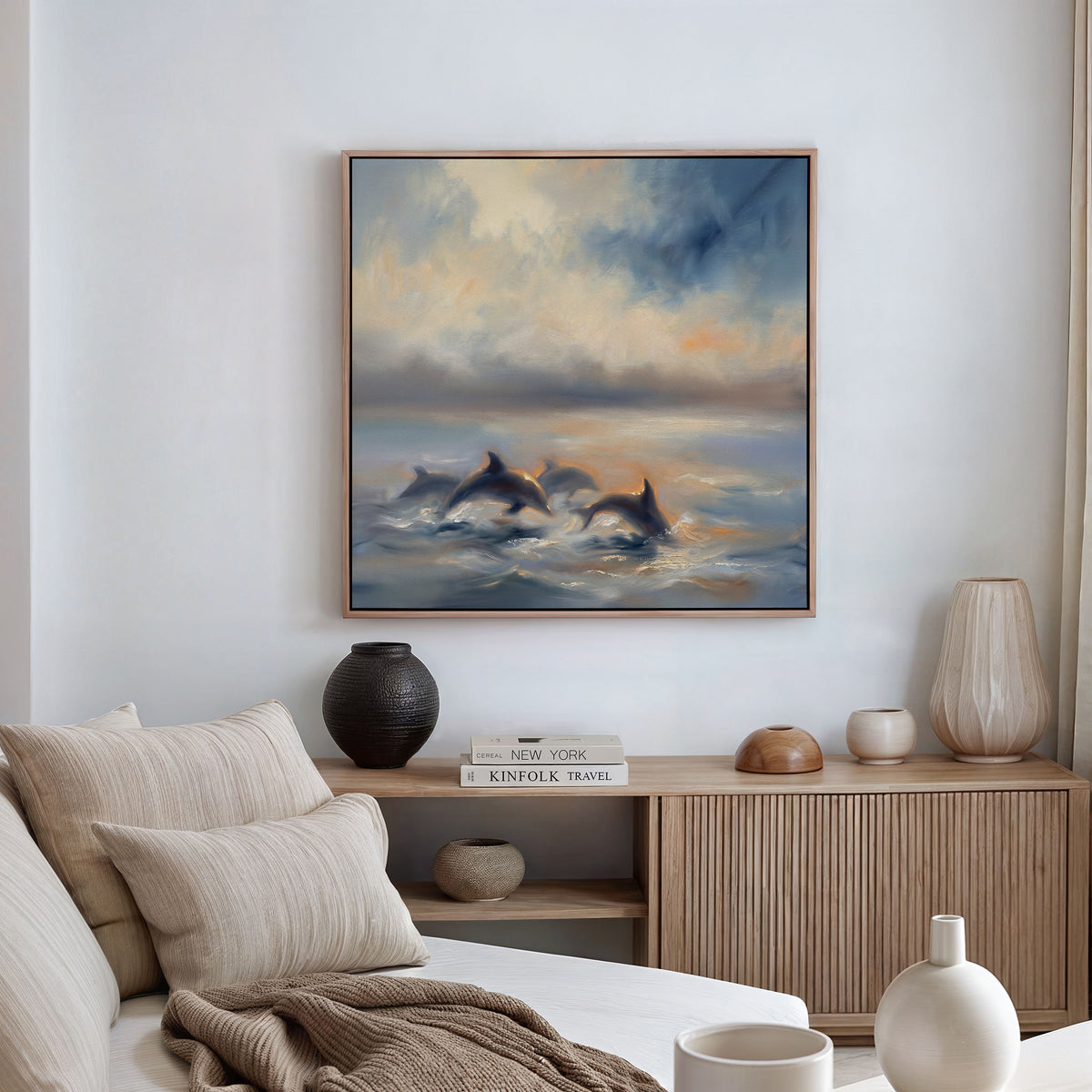 A modern living room with a beige sofa, wooden sideboard, ceramic vases, and the Dolphin Pod at Sunset Canvas Art - Square featuring dolphins swimming in the ocean beneath a dramatic, colorful sky.