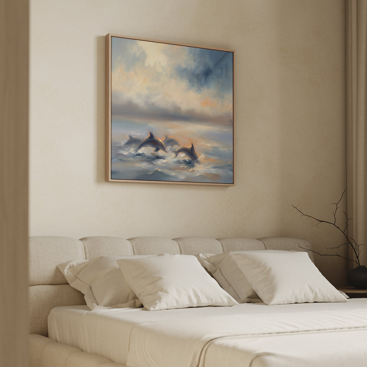 A cozy, neutral-toned bedroom with a beige bed and white pillows features the "Dolphin Pod at Sunset Canvas Art - Square" above the bed, showcasing dolphins swimming under a colorful, cloudy sky.