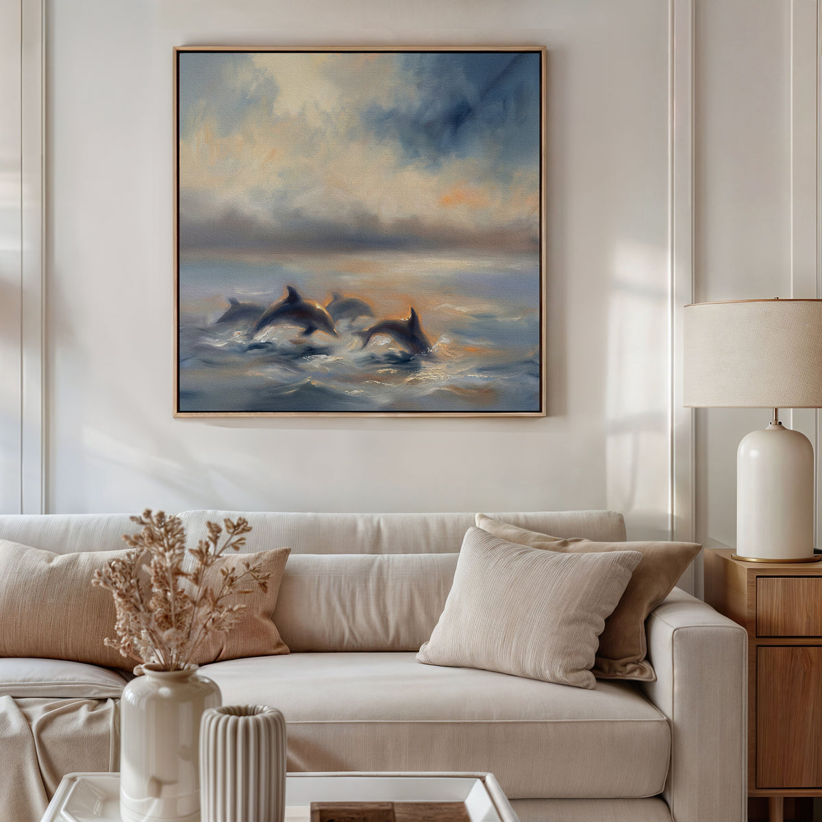 A cozy living room with a white couch, beige pillows, a table with dried flowers, and a lamp. Above the couch hangs the Dolphin Pod at Sunset Canvas Art - Square, showing dolphins swimming in an ocean at sunset.