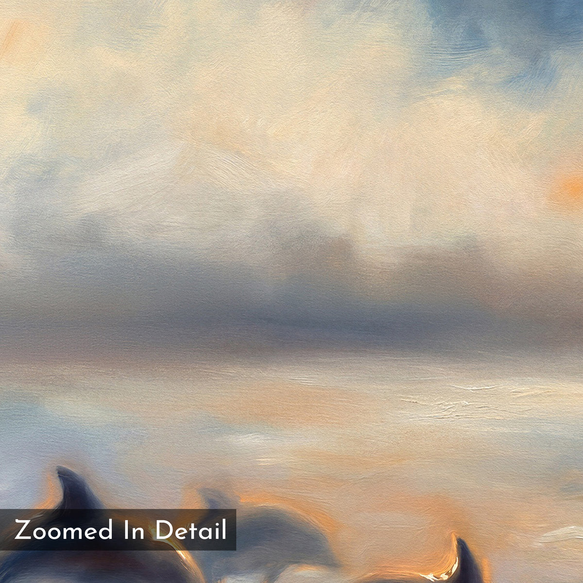 A close-up of Dolphin Pod at Sunset Canvas Art - Square reveals soft clouds, a pastel sky over calm sea, and dolphins’ fins below. Text reads Zoomed In Detail.