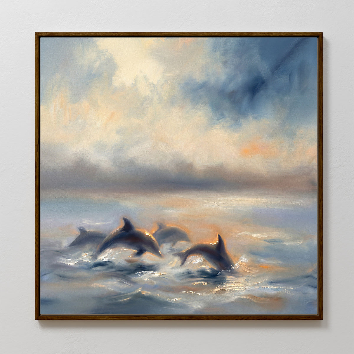 Bring serene beauty to your space with the Dolphin Pod at Sunset Canvas Art - Square, featuring dolphins leaping through ocean waves under a colorful sky, painted in soft impressionistic style for tranquil wall art appeal.