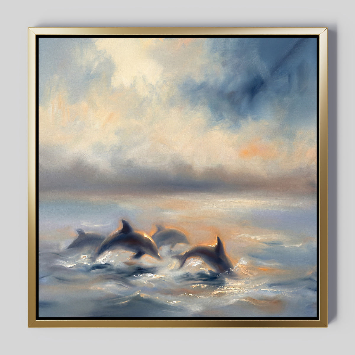 The Dolphin Pod at Sunset Canvas Art - Square features dolphins swimming beneath a colorful sky at sunset, blending warm and cool tones for a serene atmosphere—ideal for enhancing any coastal wall art collection.