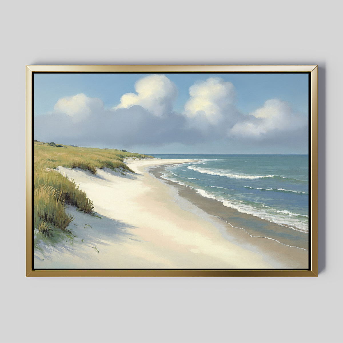 The Dune Whispers Canvas Art - Horizontal displays a sandy beach, grassy dunes, soft waves, and a blue sky with clouds, elegantly mounted on a plain light gray wall.