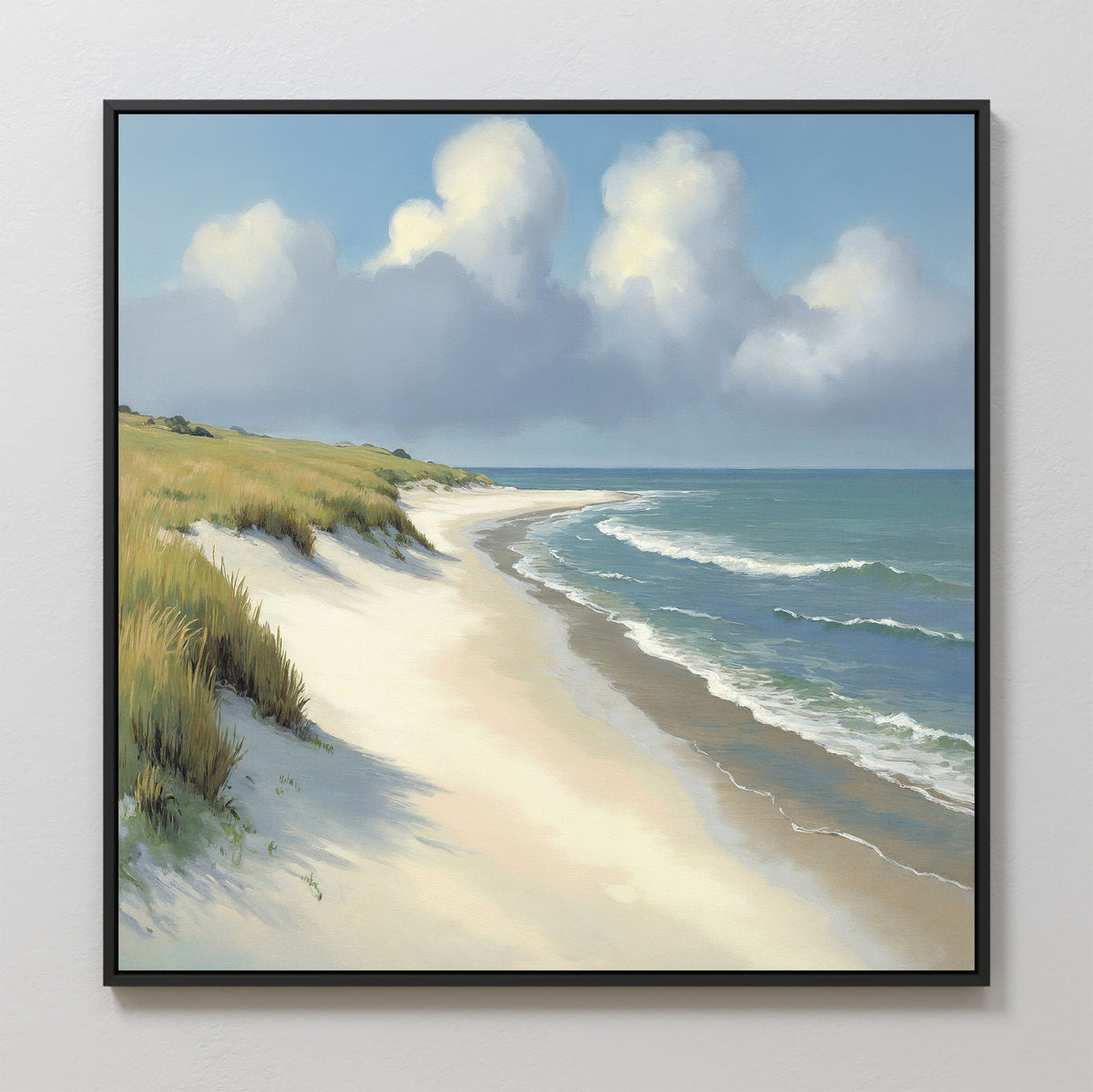 Dune Whispers Canvas Art - Square showcases a tranquil coastal scene with sandy beach, grassy dunes on the left, and gentle waves beneath a blue sky dotted with fluffy clouds.