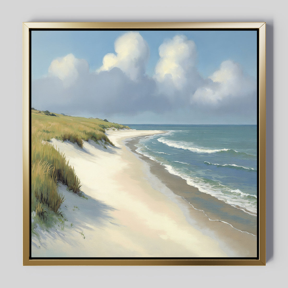 Dune Whispers Canvas Art - Square features a framed canvas print of a serene sandy beach with gentle waves, grassy dunes on the left, and a blue sky with white clouds, capturing natural seaside beauty in soft colors.