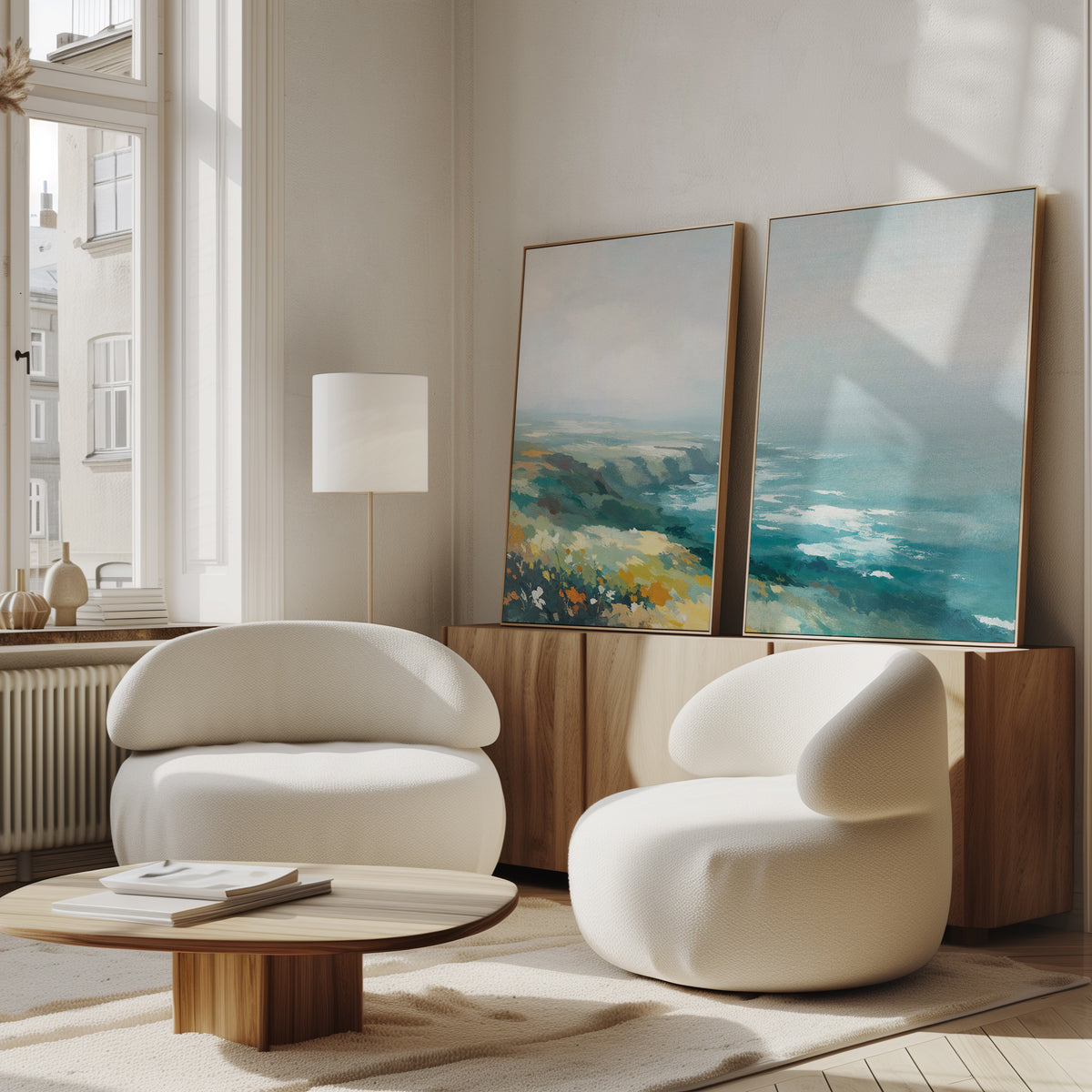A modern living room features two rounded white chairs, a low wooden coffee table, and the "Emerald Cliffs - Set of 2" coastal prints on a sideboard. Sunlight fills the space through tall windows, creating a warm and inviting atmosphere.