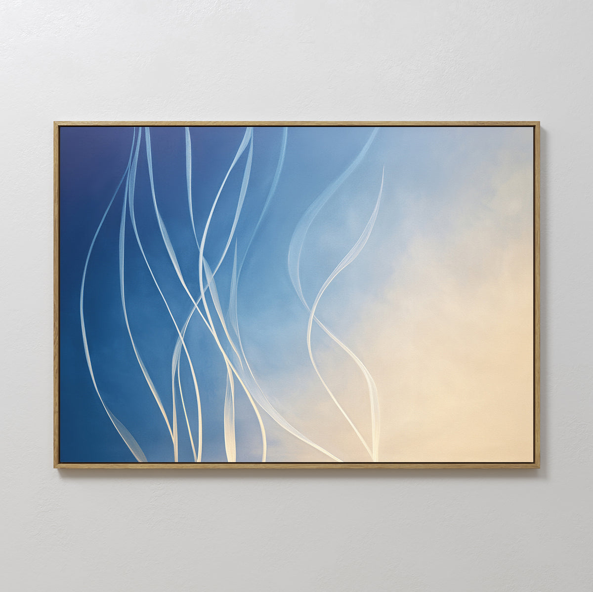 The Ethereal Lines Canvas Art - Horizontal showcases flowing white lines over a blue-to-beige gradient, framed in slim light wood—ideal for modern living rooms or adding Nordic Park style to your decor.