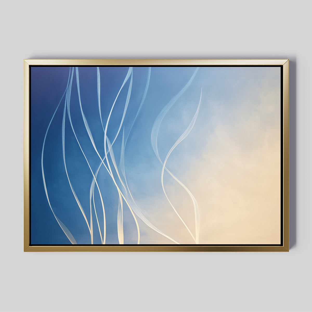 The Ethereal Lines Canvas Art - Horizontal showcases flowing white lines on a gradient from deep blue to beige, creating a soft, airy effect that’s ideal for modern living room decor.