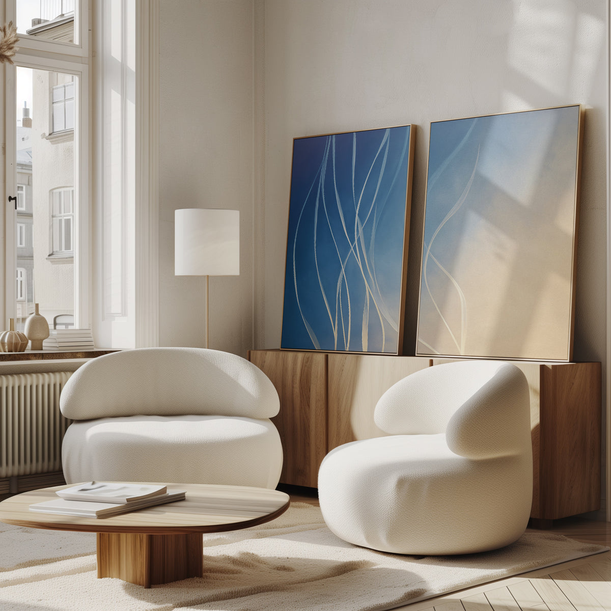 A modern living room with two white, curved armchairs, a round wooden coffee table, a floor lamp, and the Ethereal Lines - Set Of 2 art on a wooden sideboard by a large window with natural light.