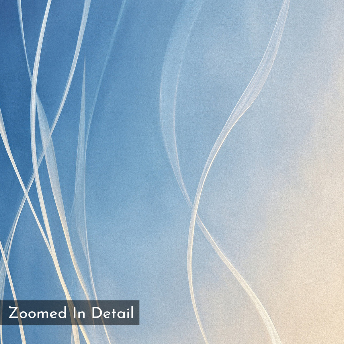 Ethereal Lines Canvas Art - Square features an abstract print with soft blue and beige gradients, flowing white curved lines, and a translucent gray box labeled "Zoomed In Detail"—ideal as modern living room decor.