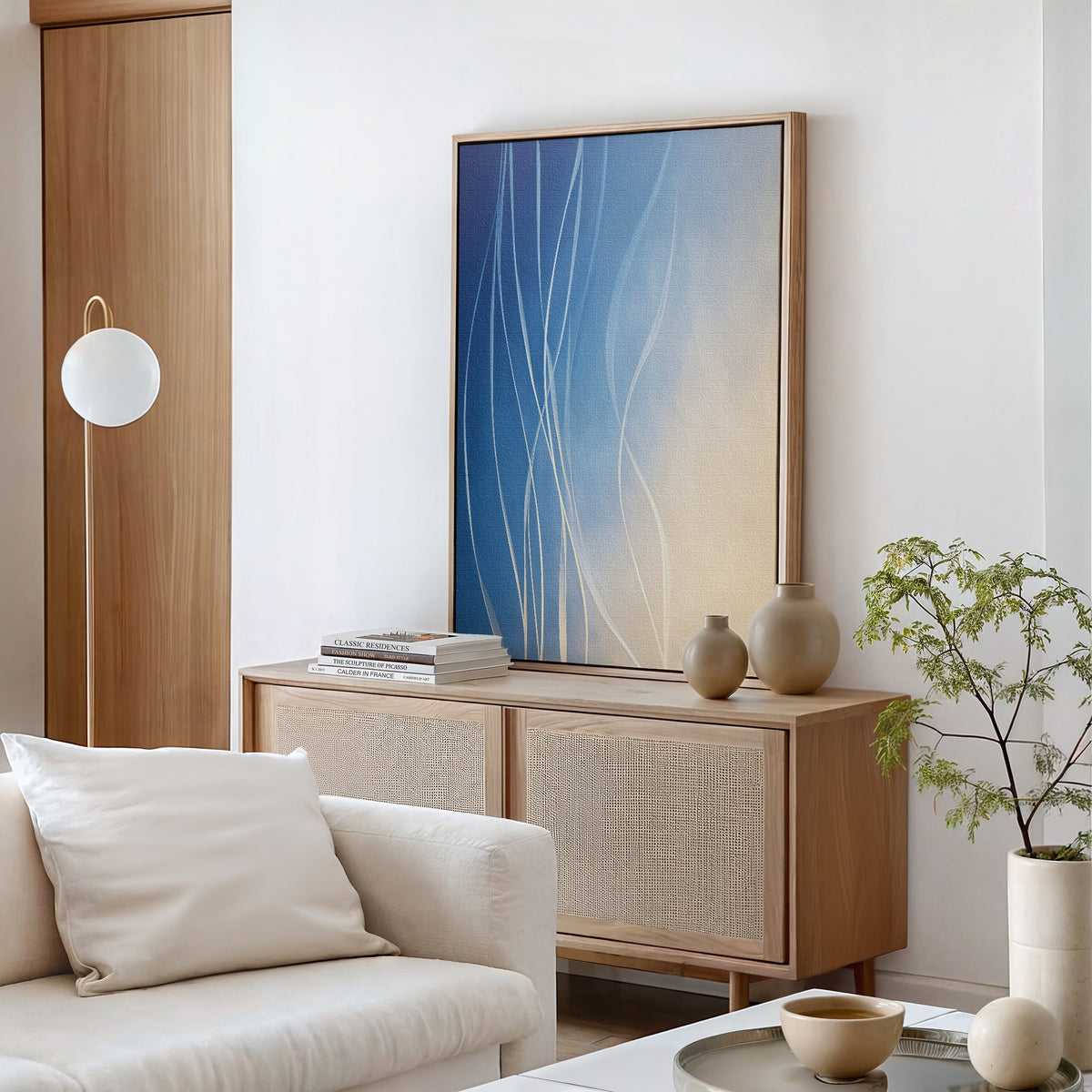 A modern living room featuring the Ethereal Lines Canvas Art - Vertical, a light wood sideboard, decorative vases, a round lamp, and Nordic Park style—ideal for those seeking refined modern decor.