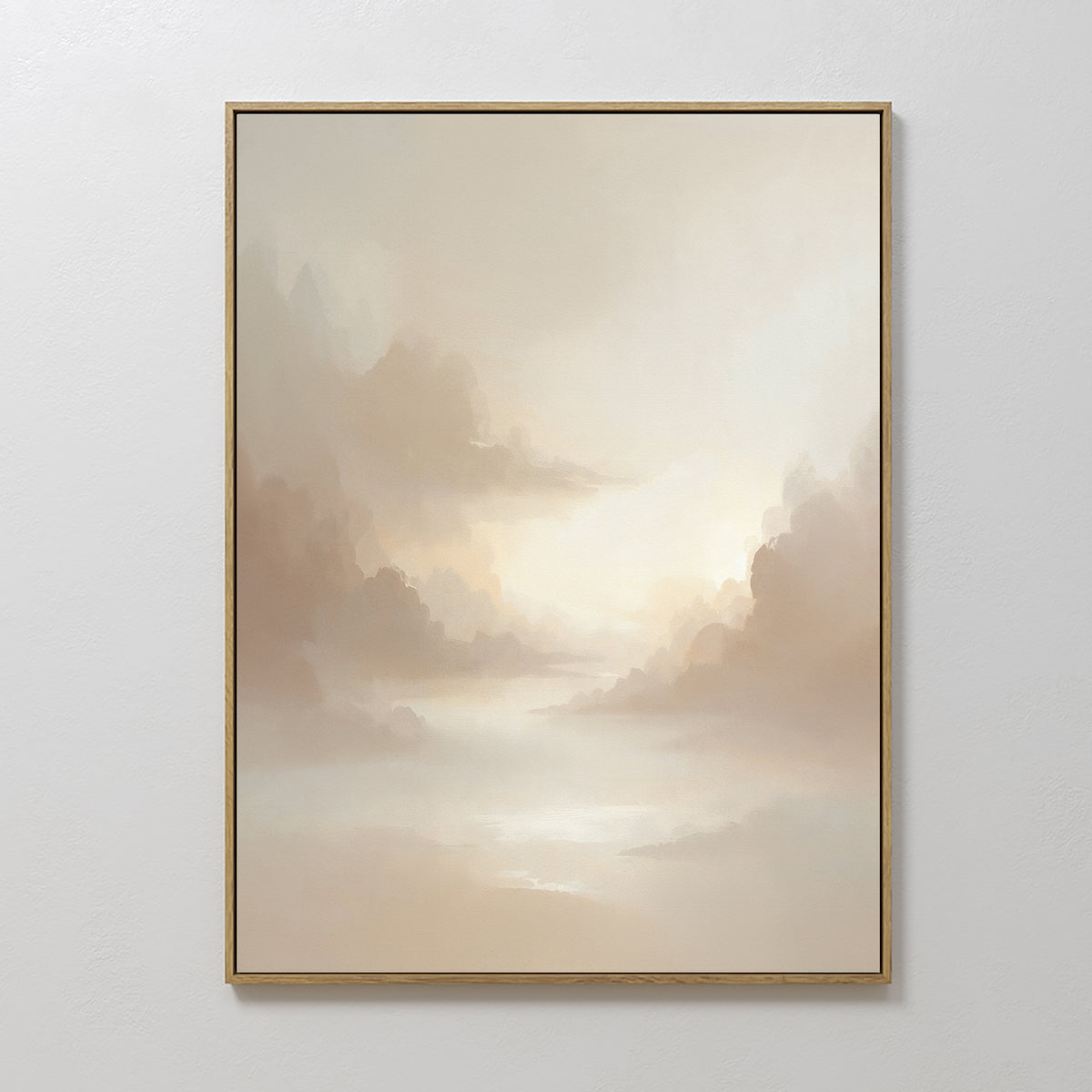 The Ethereal Veil Canvas Art - Vertical features soft beige and cream tones depicting a tranquil cloudy sky with gentle light, framed in thin gold—perfect for creating a calm ambiance in Nordic Park-inspired interiors.