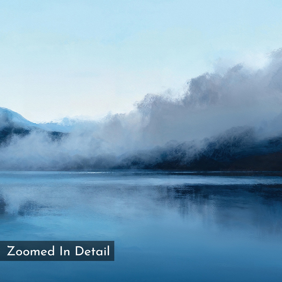 A serene lake mirrors misty mountains beneath a clear sky, soft clouds drifting above the water. The detailed painterly texture of Fjord Mist Canvas Art - Vertical makes it ideal tranquil wall art. "Zoomed In Detail" appears in the lower left corner.