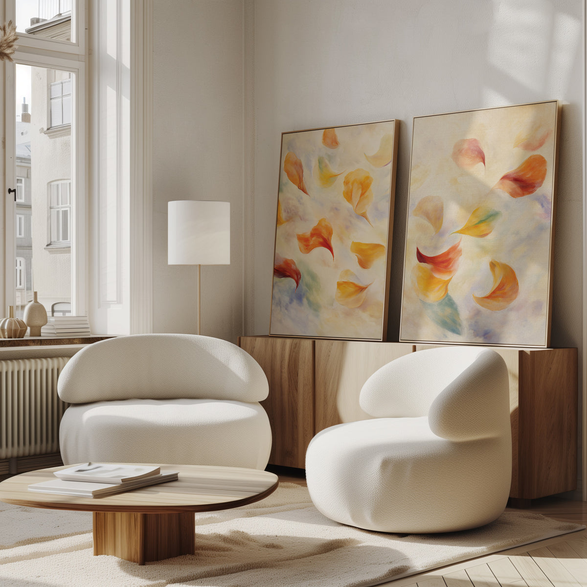 A modern living room features two white, rounded armchairs, a low wooden coffee table, and the Floating Petals - Set of 2 prints on the sideboard. Soft natural light streams through tall windows, bringing organic elegance to the space.