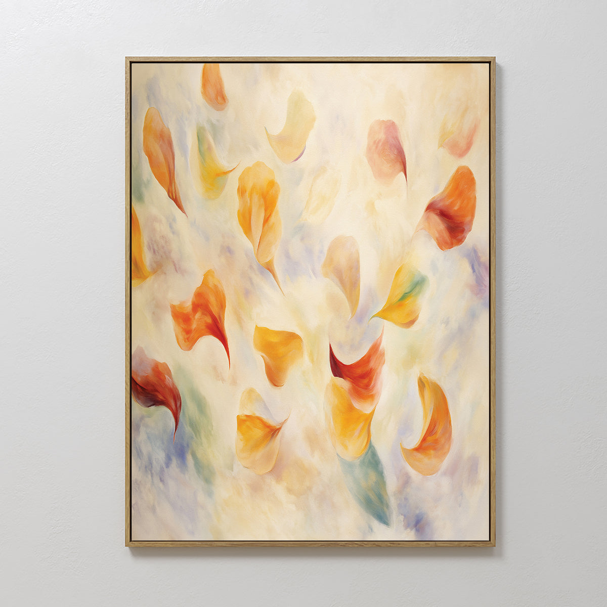 Floating Petals Canvas Art - Vertical features flowing, petal-like shapes in warm orange, yellow, and red tones with hints of green and blue, creating an ethereal composition on a light background.