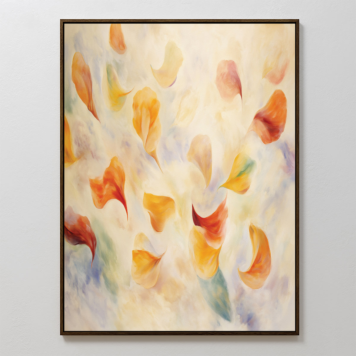 The Floating Petals Canvas Art - Vertical features colorful, swirling shapes in orange, yellow, red, and blue on a soft background. Framed in a simple dark brown frame, it adds organic elegance to any space.