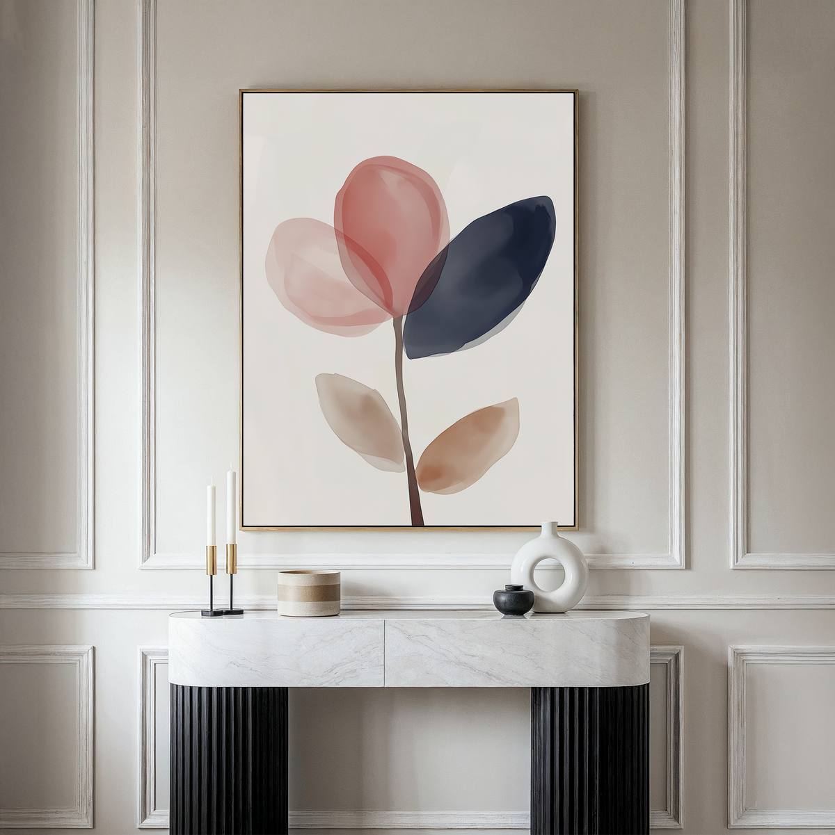 A minimalist interior showcases the Petal Breeze Canvas Art above a sleek marble console with black legs, accented by modern candles, a round vase, and a small box—ideal for chic living room decor.