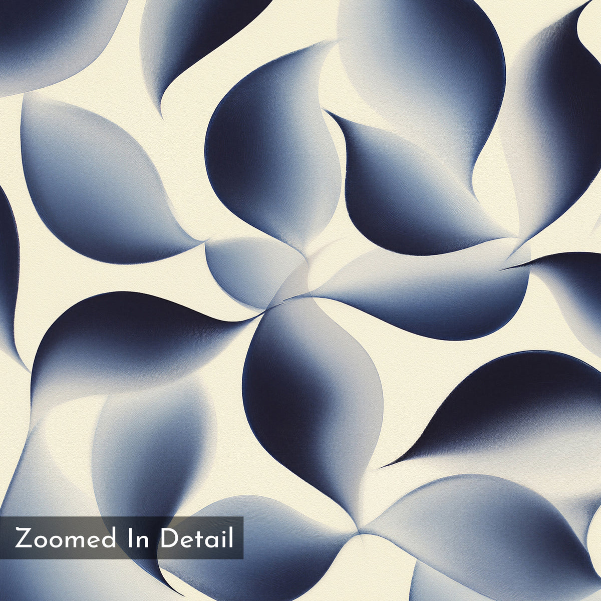Abstract pattern of overlapping, gradient blue shapes resembling petals or leaves on a light background. Perfect as indigo wall art, Flowing Shadows Canvas Art - Horizontal features a "Zoomed In Detail" label in the lower left corner.