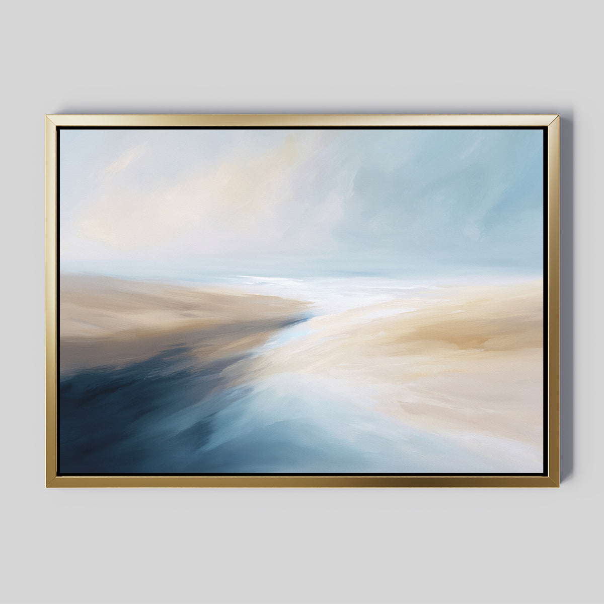 Fluid Motion Canvas Art - Horizontal features soft, flowing brushstrokes in blue, beige, white, and tan for a coastal vibe. This framed abstract print is ideal for modern living rooms, especially on a light gray wall.