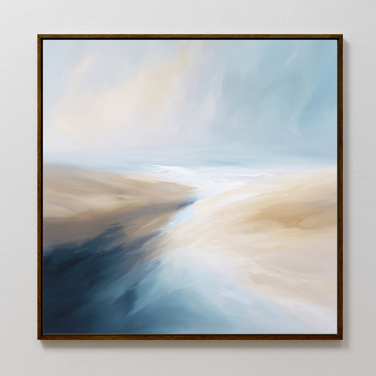 Fluid Motion Canvas Art - Square in a brown frame features soft blue, beige, and white brushstrokes. Evoking a coastal vibe, it's ideal for modern living rooms and looks stunning on a white wall.