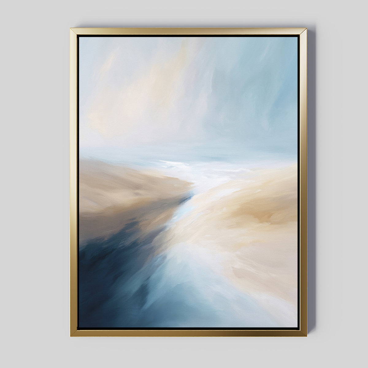 The Fluid Motion Canvas Art - Vertical features swirling blue, beige, and white shades in a serene coastal abstract with a flowing river. Its gold frame with black inner edge complements any modern living room decor.