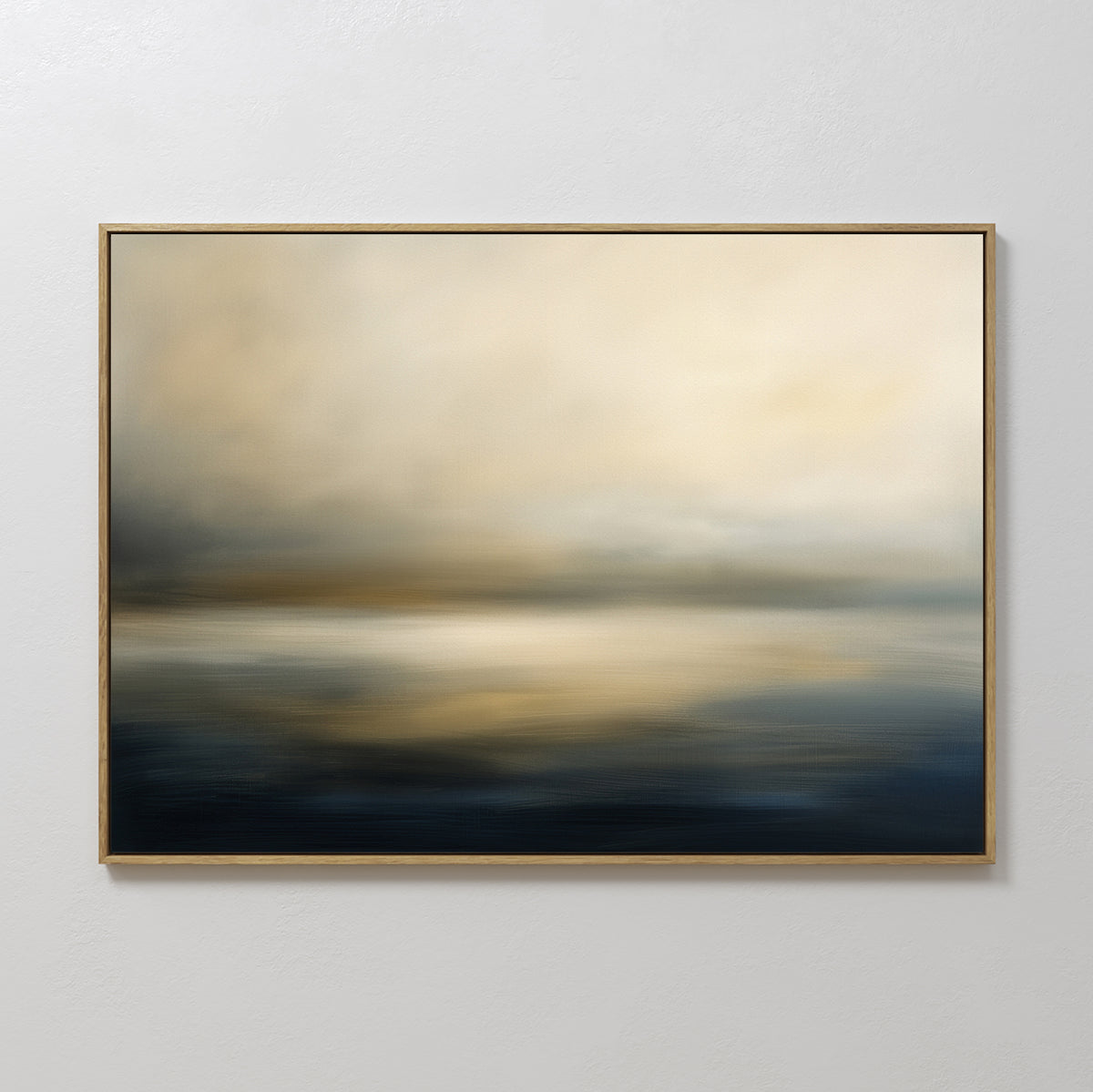 The Foggy Bay Impressions Canvas Art - Horizontal features soft, blended hues of blue, gray, and beige with smooth brushstrokes, evoking a calm seascape—ideal for serene home decor in any Nordic Park-inspired space.